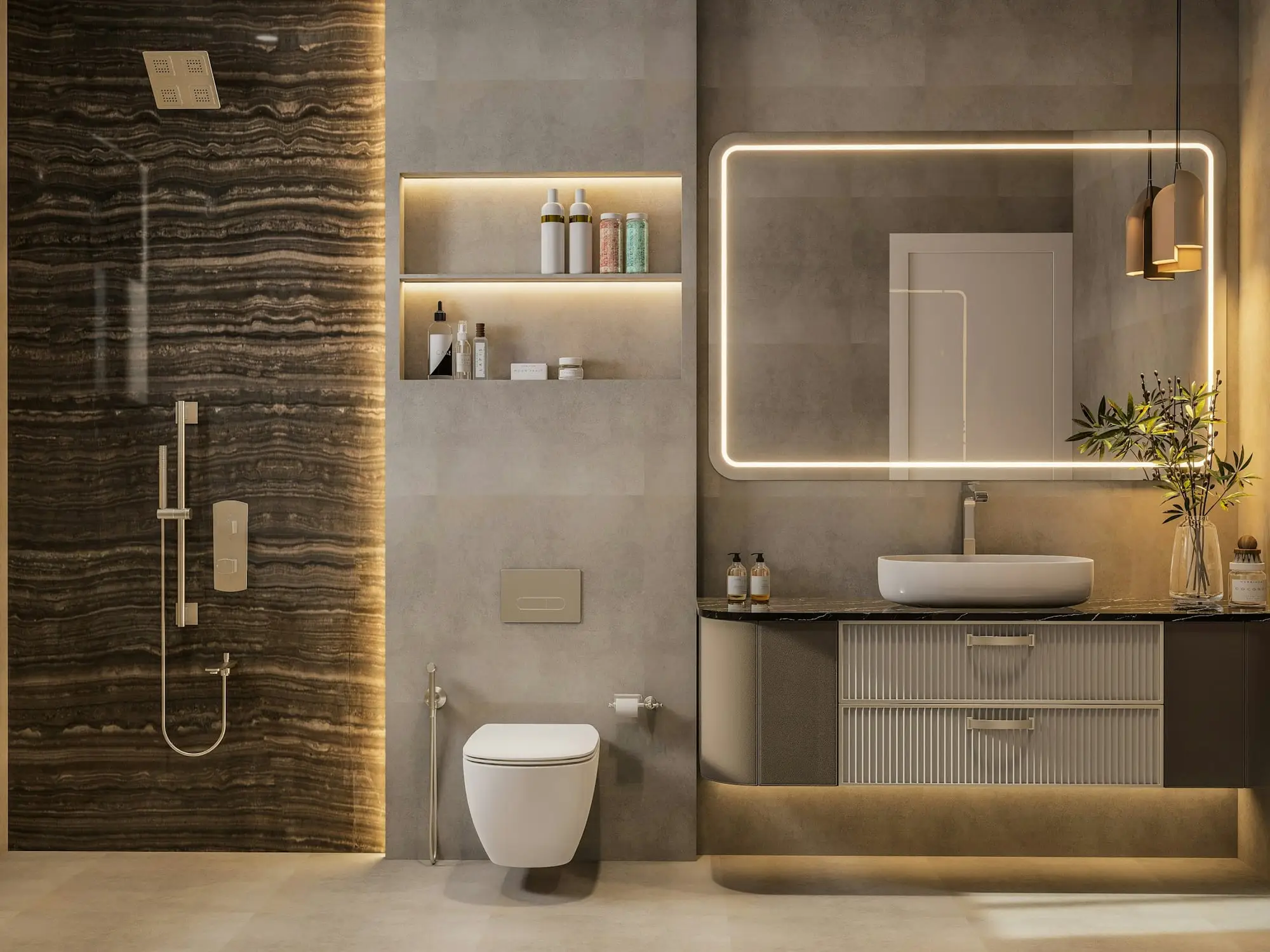 Bathroom with a backlit mirror, illuminated shelving and warm LED accent lighting along a stone feature wall