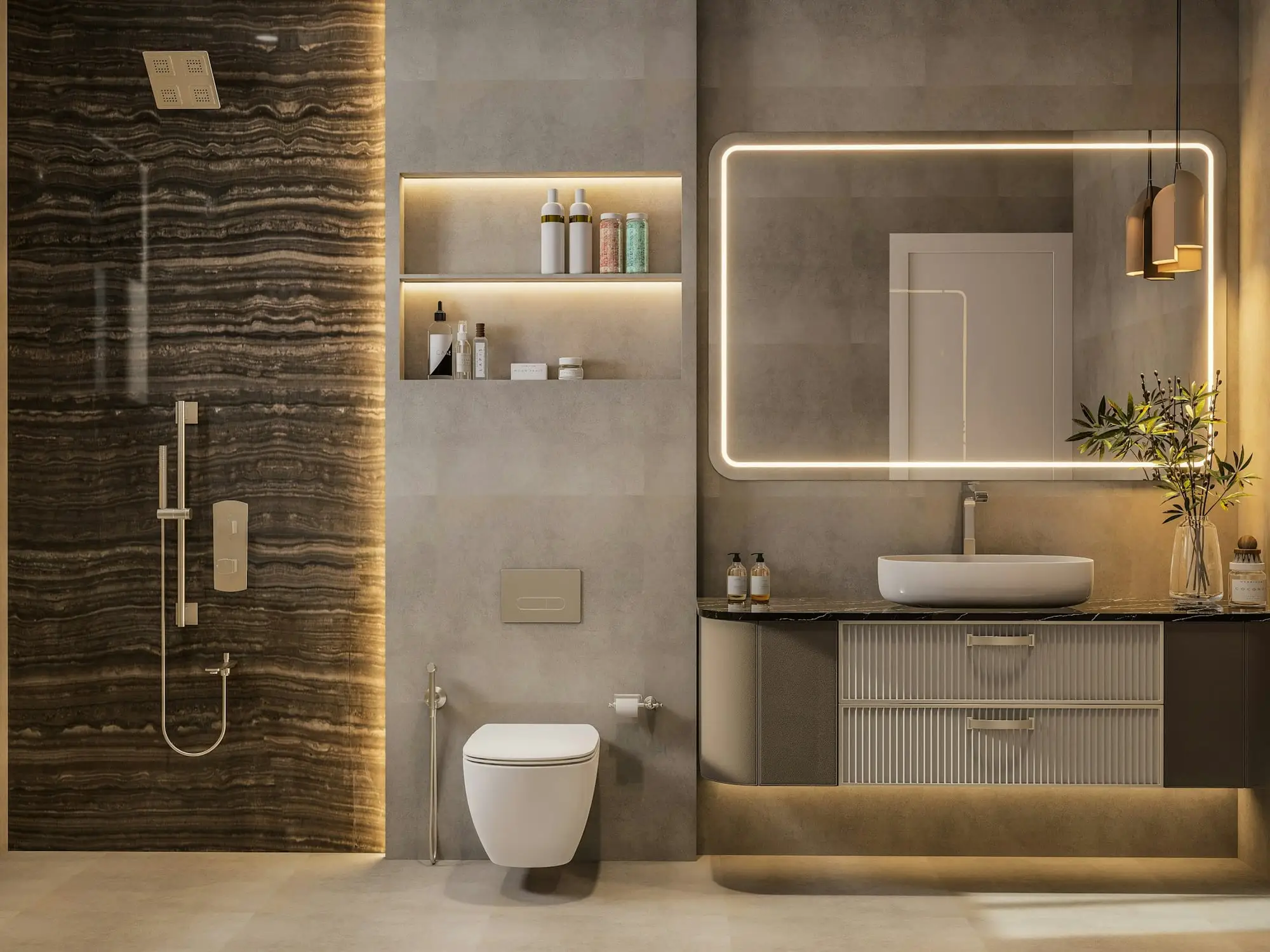 Bathroom with a backlit mirror, illuminated shelving and warm LED accent lighting along a stone feature wall