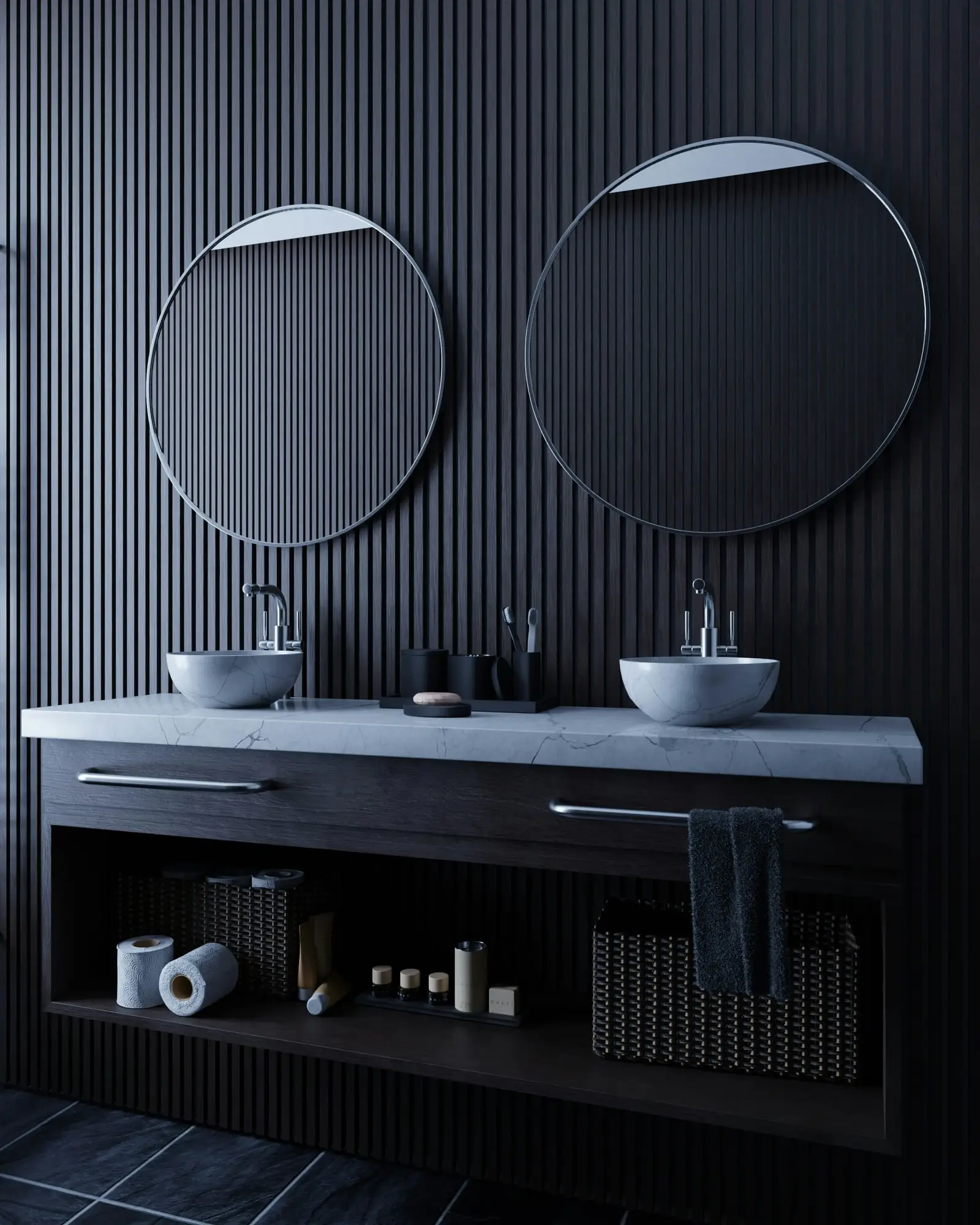 Black double vanity with two vessel sinks, round mirrors and a fluted black accent wall