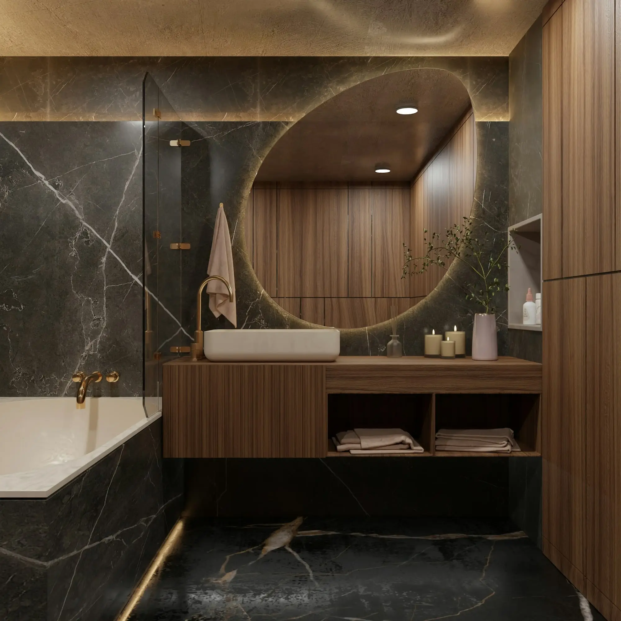 Dark marble and warm walnut bathroom with an illuminated round mirror and open vanity shelving