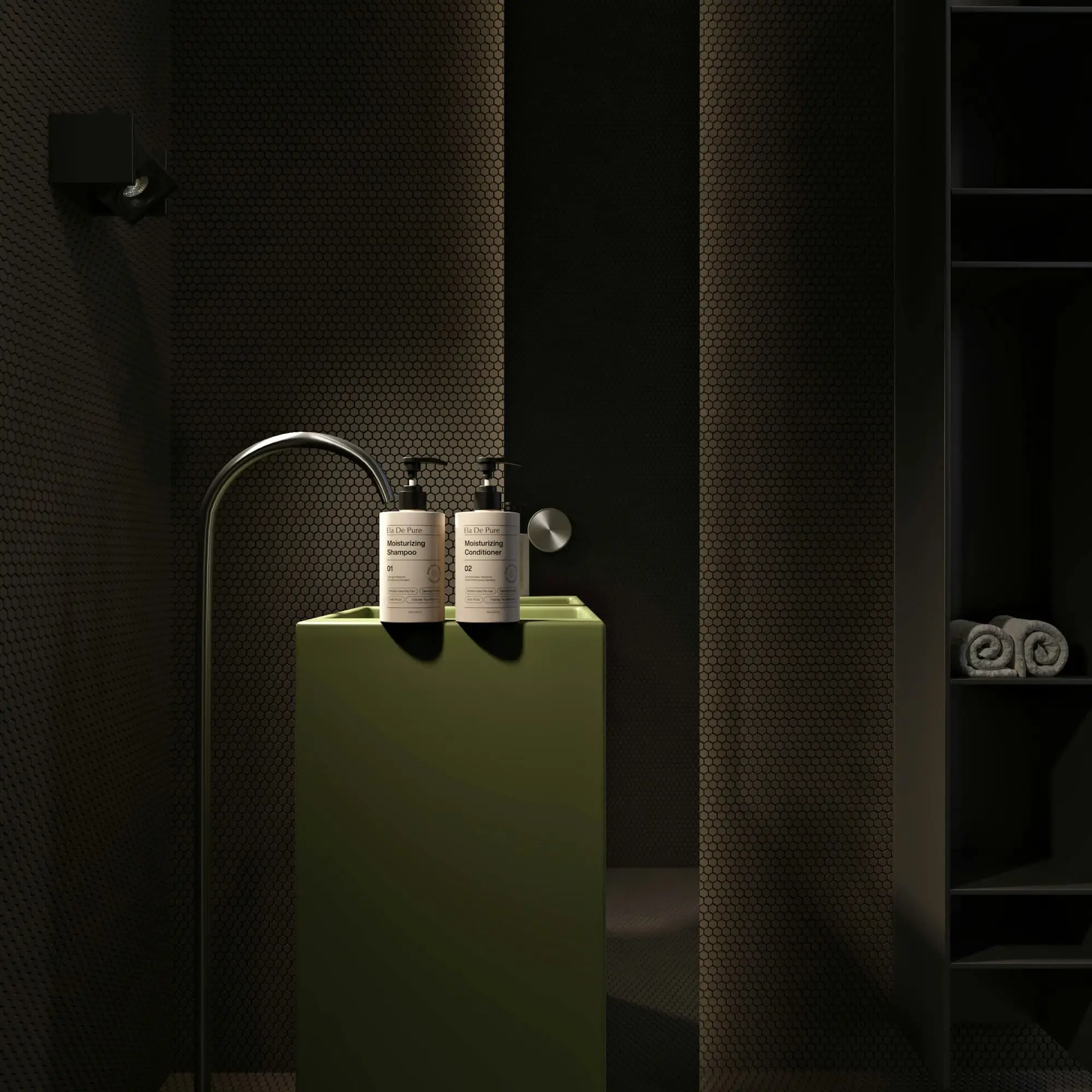 Moody bathroom with dark walls, an olive pedestal and a matte black arched faucet