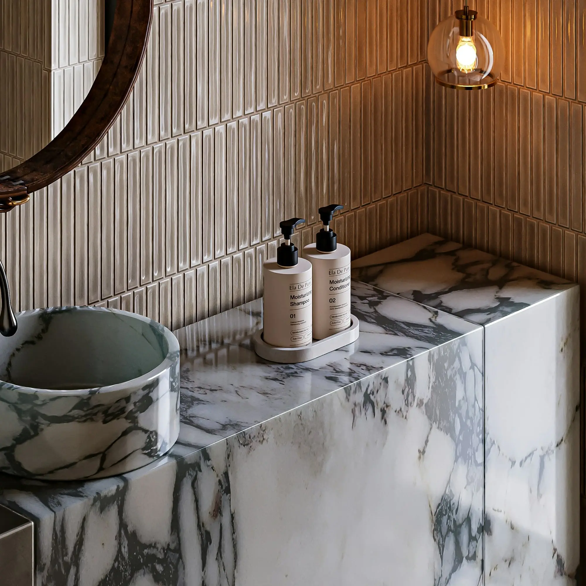 Marble vessel sink on a marble-clad vanity with a wood slat wall and pendant light