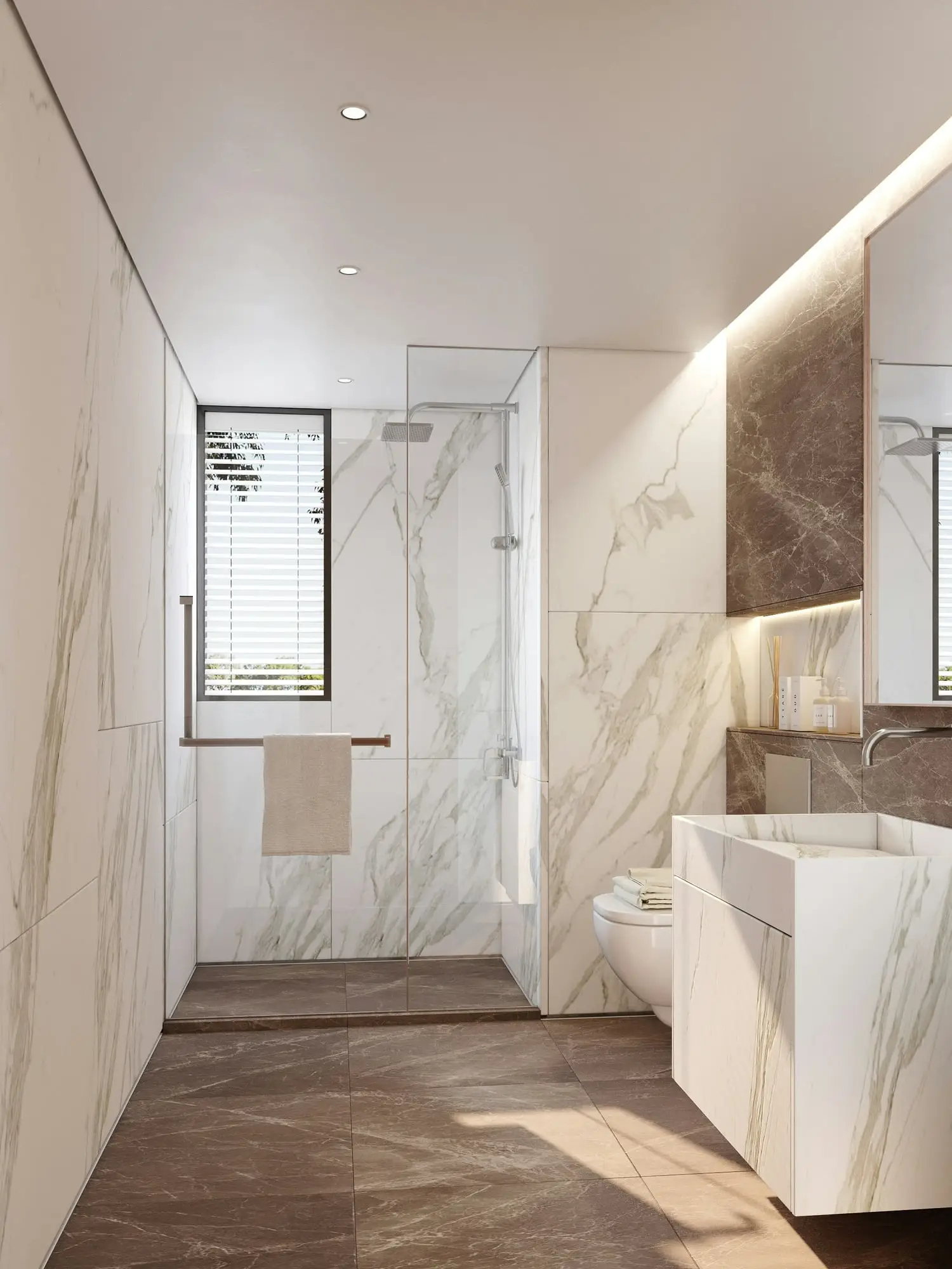 Narrow bathroom with large marble-look wall tiles, a glass shower and warm wood-look flooring