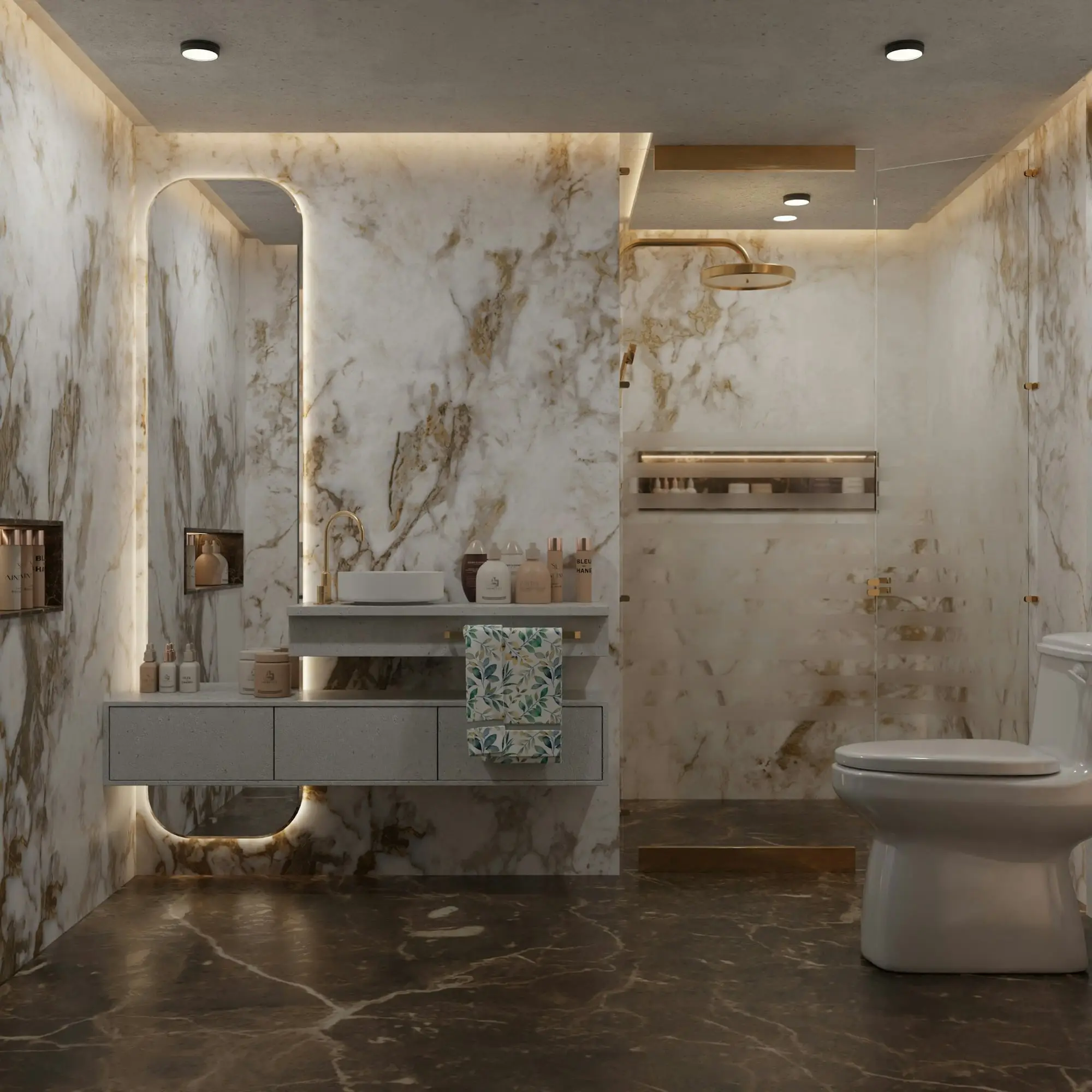 Bathroom with dramatic veined marble walls, a floating vanity, a lit arched mirror and a recessed shower niche