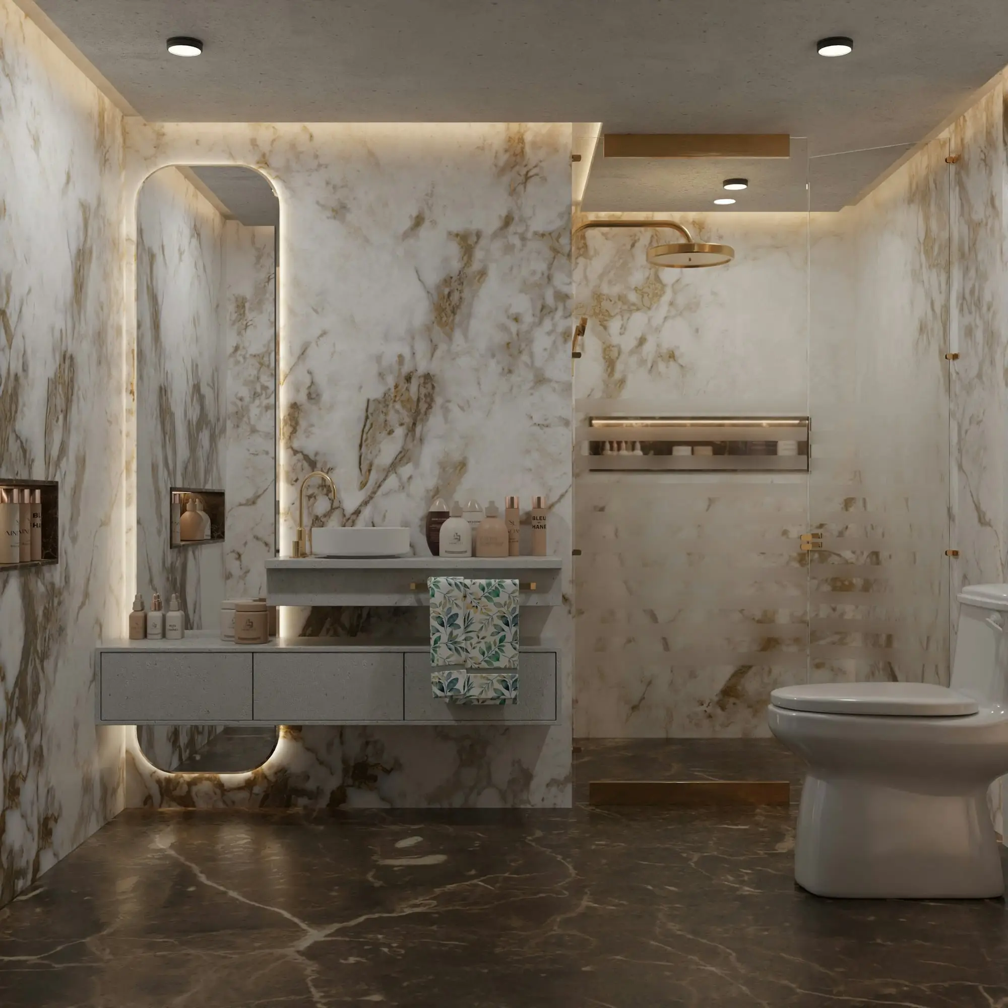Bathroom with dramatic veined marble walls, a floating vanity, a lit arched mirror and a recessed shower niche