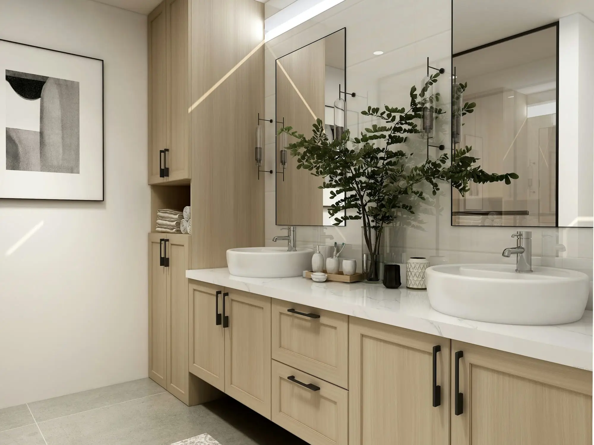Light wood vanity with drawers, a tall linen cabinet and a vessel sink in a bright bathroom